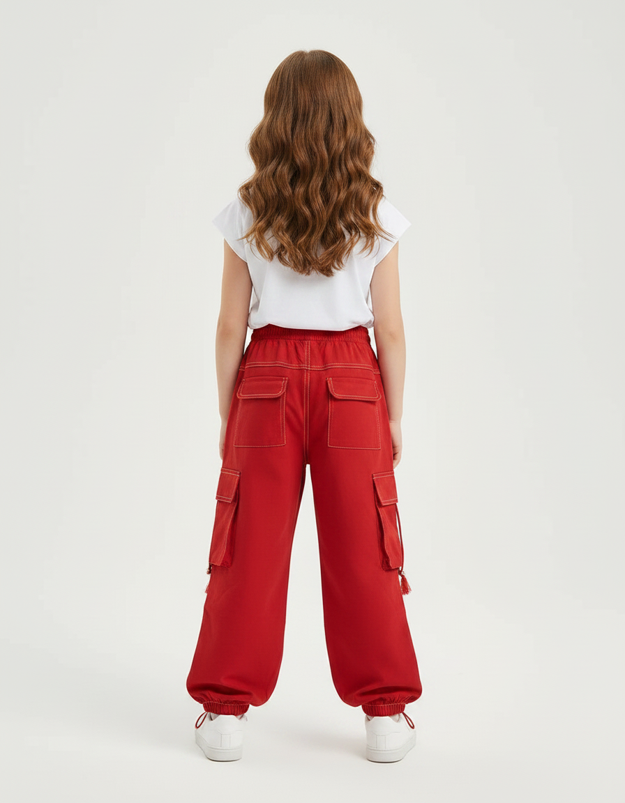 Pantalon Fluide Rouge Cargo Ample Cordon Enfant - Molleton - vue 2