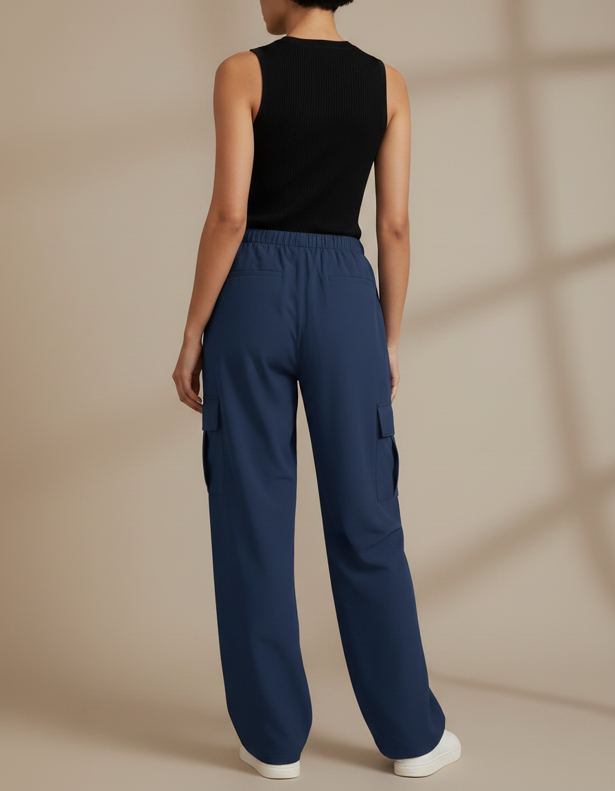 Pantalon Fluide Bleu Marine Cargo Ample Décontracté - Polyester - vue 2