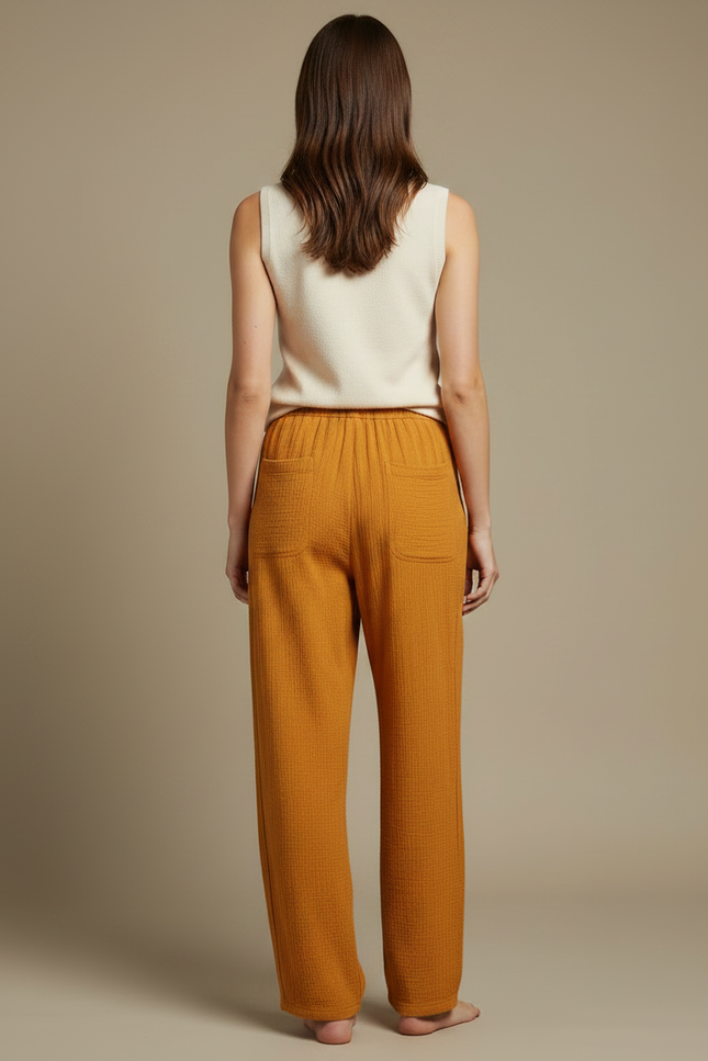 Pantalon Fluide Ample Coton Crêpe Jaune Ocre Décontracté - vue 2