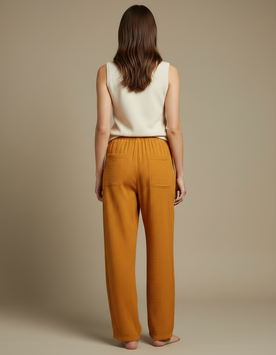 Pantalon Fluide Ample Coton Crêpe Jaune Ocre Décontracté - vue 2