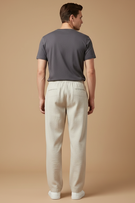 Pantalon Fluide Beige Lin Ample Décontracté Homme Cordon - vue 2