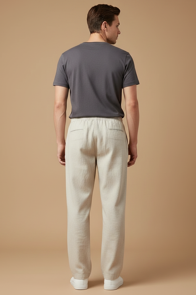 Pantalon Fluide Beige Lin Ample Décontracté Homme Cordon - vue 2