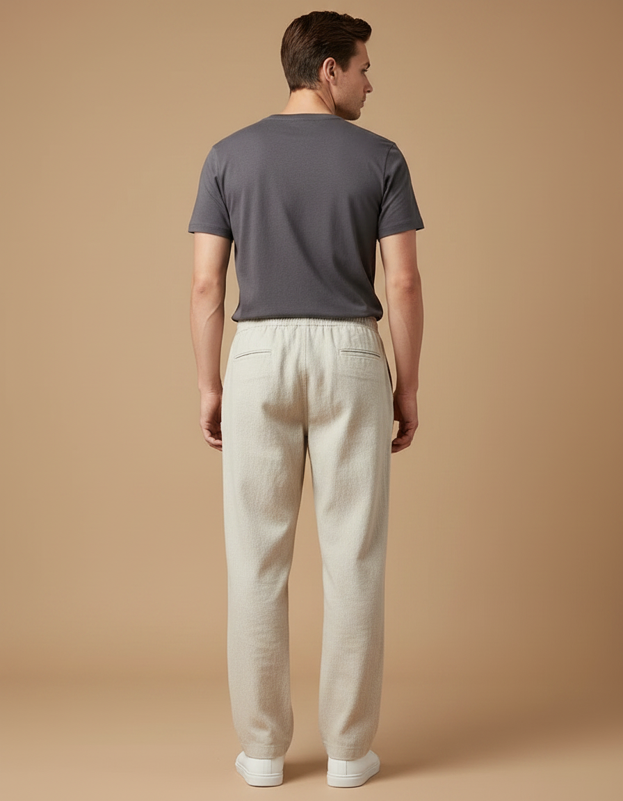 Pantalon Fluide Beige Lin Ample Décontracté Homme Cordon - vue 2