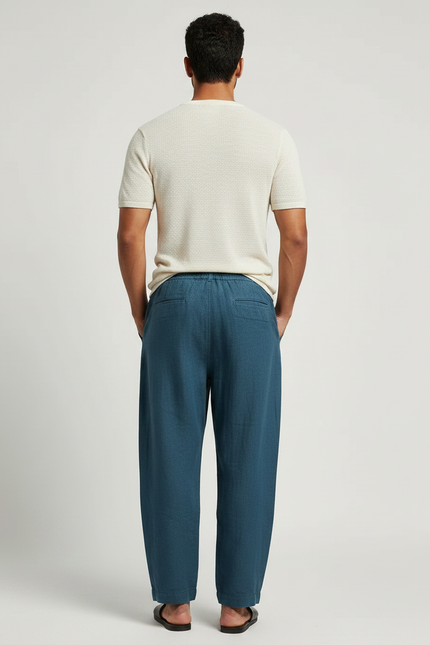 Pantalon Fluide Bleu Cordon Ample Lin Homme Décontracté - vue 2