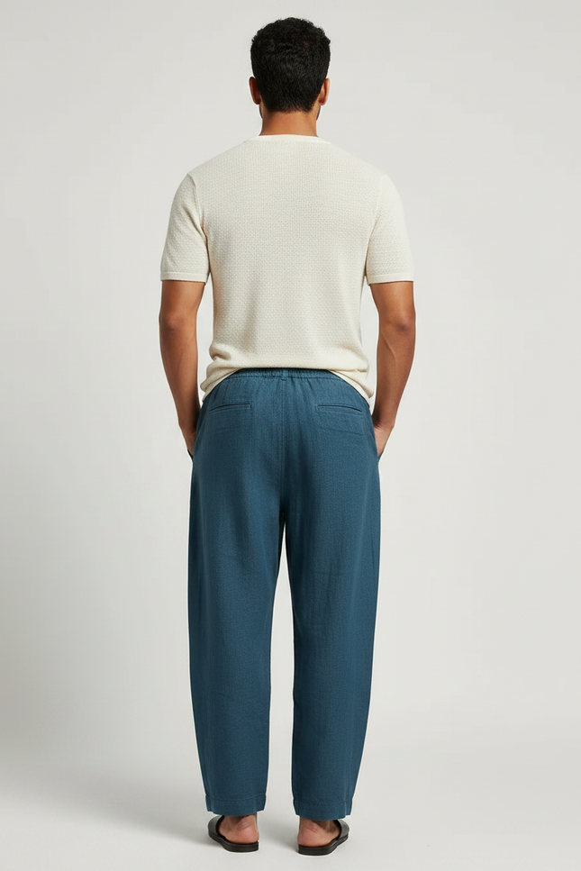 Pantalon Fluide Bleu Cordon Ample Lin Homme Décontracté - vue 2