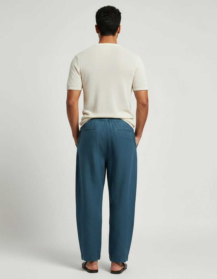 Pantalon Fluide Bleu Cordon Ample Lin Homme Décontracté - vue 2
