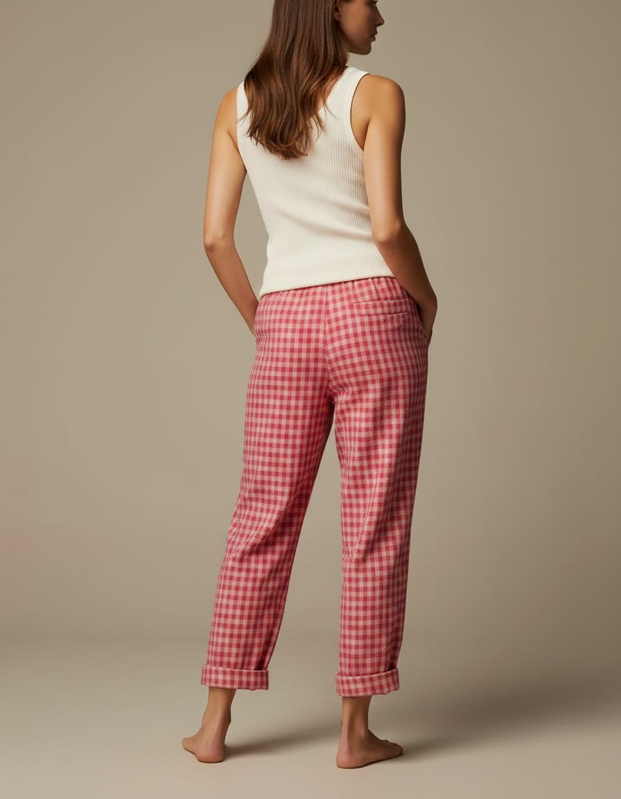 Pantalon Fluide Carreaux Vichy Rose Ample Décontracté Coton - vue 2