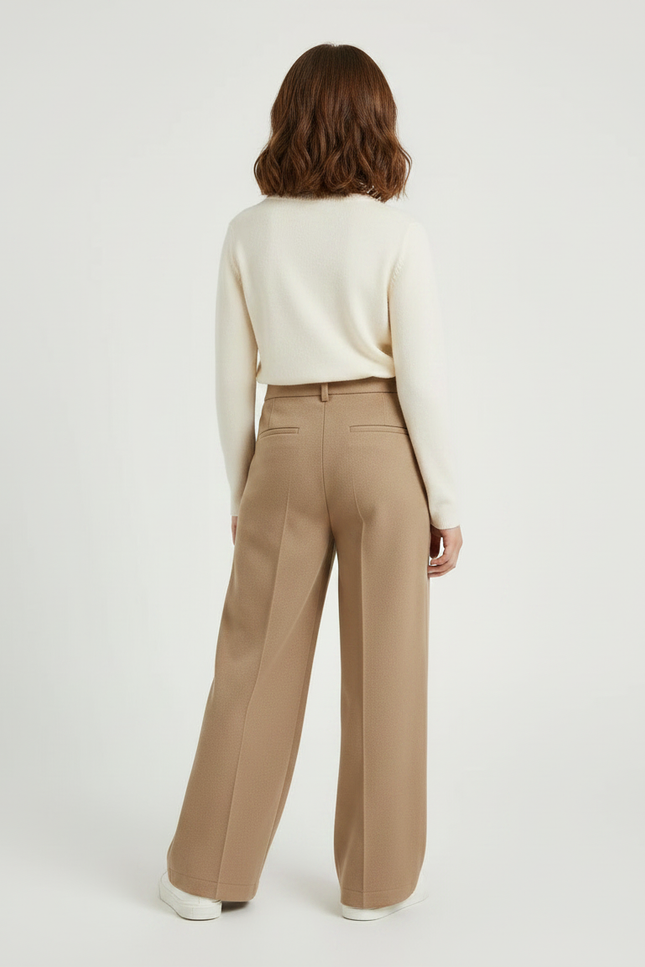 Pantalon Fluide Ample Taille Haute Beige Décontracté - Maille - vue 2