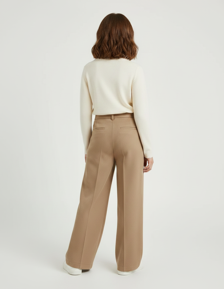Pantalon Fluide Ample Taille Haute Beige Décontracté - Maille - vue 2