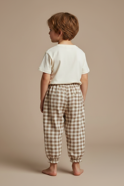 Pantalon Fluide Carreaux Marron Écru Coton Ample Enfant - Molleton - vue 2
