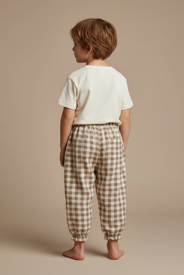 Pantalon Fluide Carreaux Marron Écru Coton Ample Enfant - Molleton - vue 2