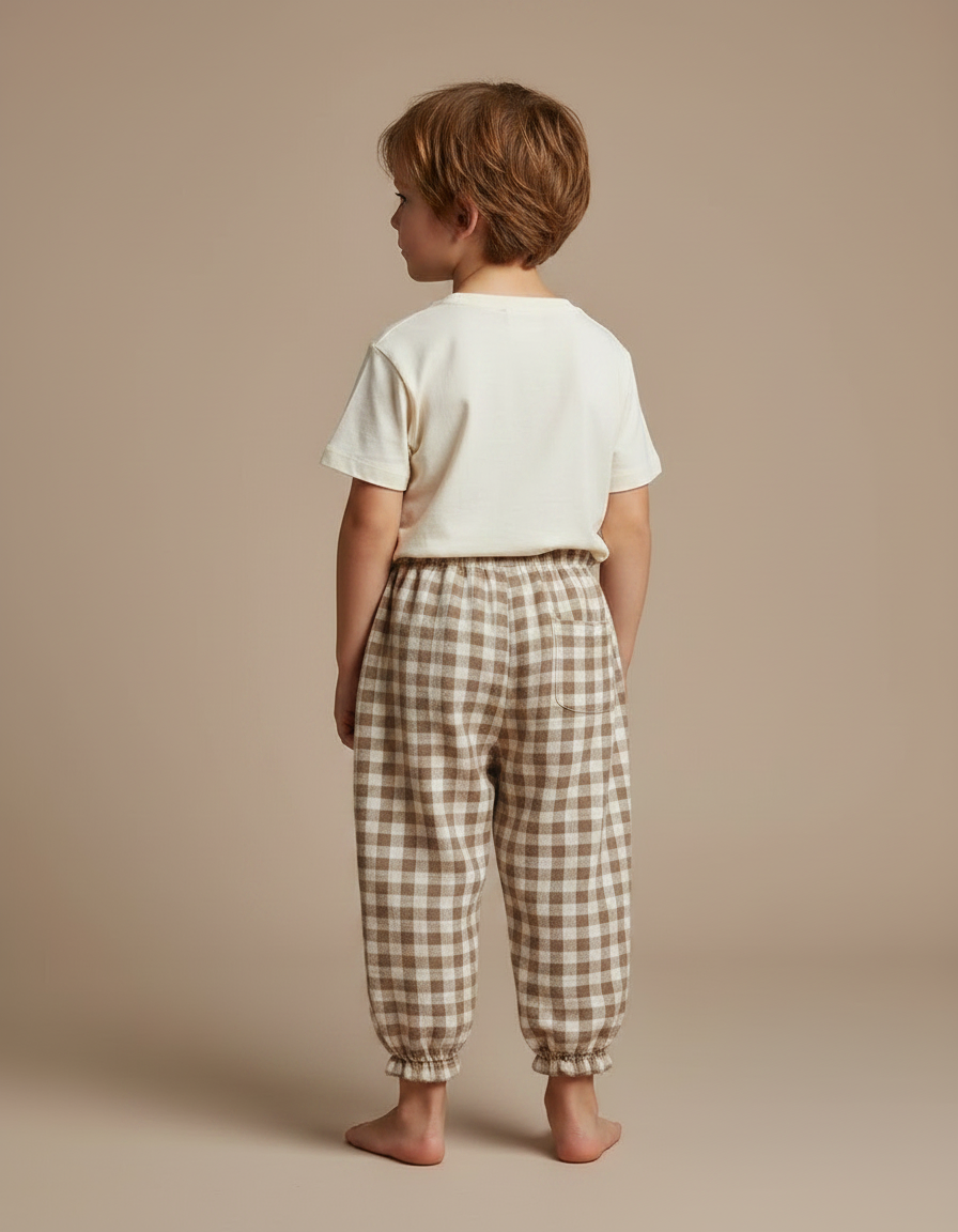 Pantalon Fluide Carreaux Marron Écru Coton Ample Enfant - Molleton - vue 2