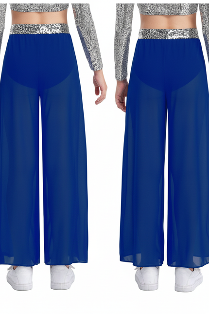 Pantalon Fluide Bleu Transparent Paillettes Large Élégant - Polyester
