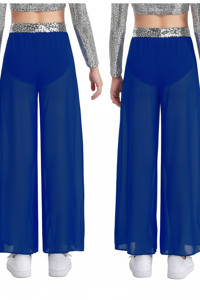 Pantalon Fluide Bleu Transparent Paillettes Large Élégant - Polyester