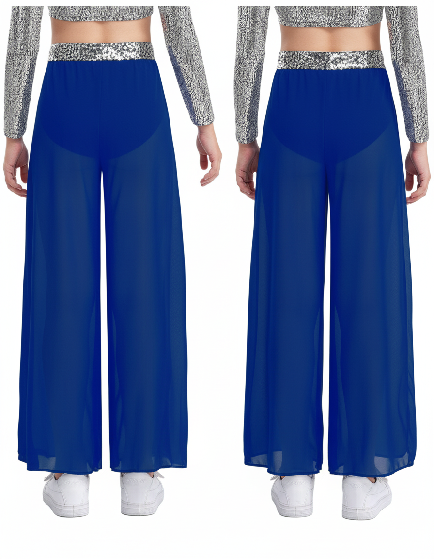 Pantalon Fluide Bleu Transparent Paillettes Large Élégant - Polyester