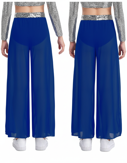 Pantalon Fluide Bleu Transparent Paillettes Large Élégant - Polyester