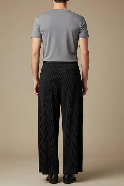 Pantalon Fluide Noir Plissé Ample Décontracté Homme - Polyester - vue 2