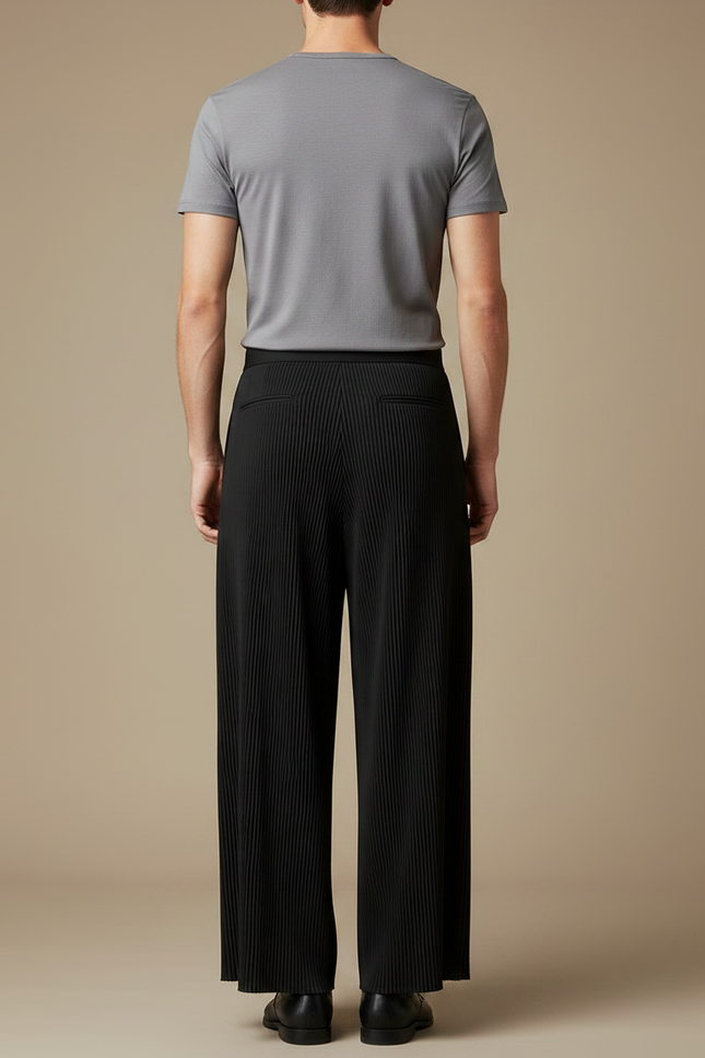 Pantalon Fluide Noir Plissé Ample Décontracté Homme - Polyester - vue 2