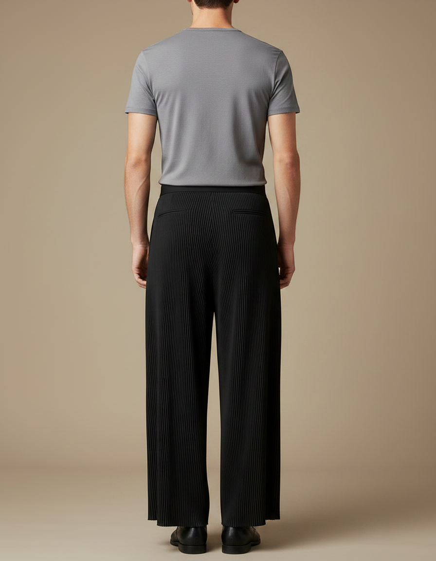 Pantalon Fluide Noir Plissé Ample Décontracté Homme - Polyester - vue 2