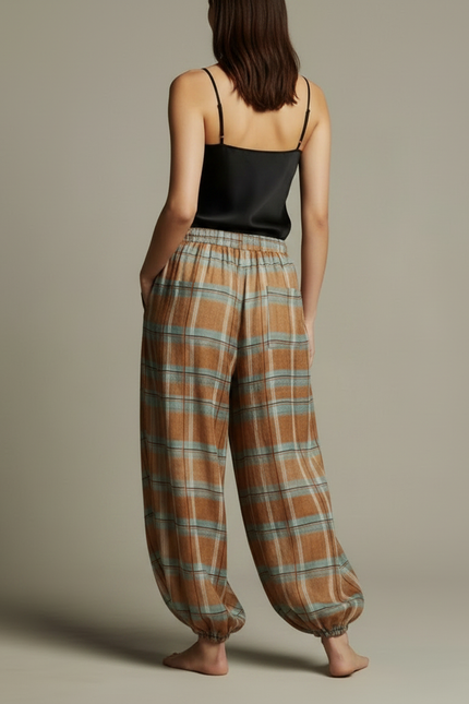 Pantalon Fluide Plaid Marron Bleu Ample Bohème - Viscose - vue 2
