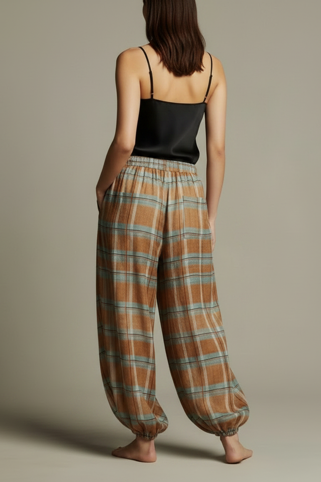 Pantalon Fluide Plaid Marron Bleu Ample Bohème - Viscose - vue 2