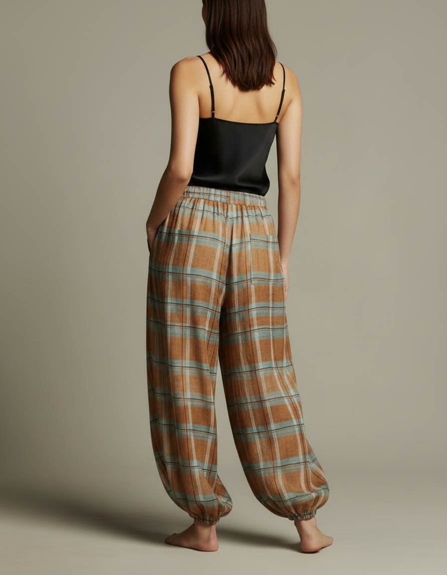 Pantalon Fluide Plaid Marron Bleu Ample Bohème - Viscose - vue 2