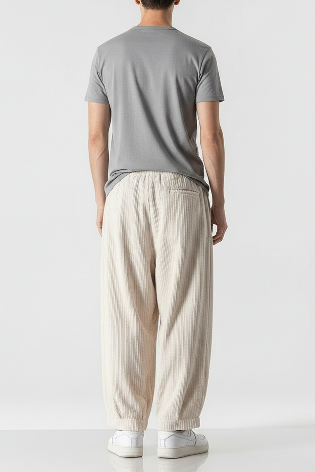 Pantalon Fluide Écru Côtelé Ample Cordon Homme Décontracté - Beige Cordé - vue 2