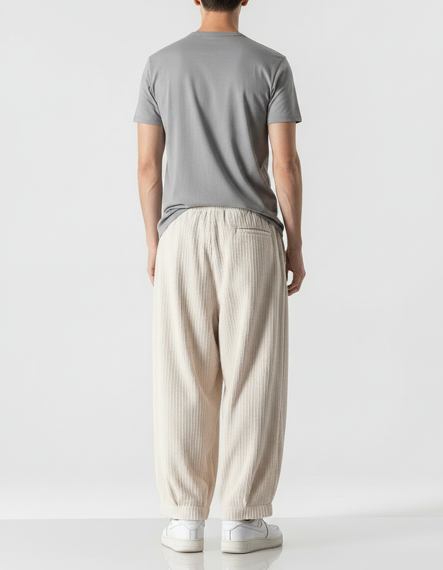Pantalon Fluide Écru Côtelé Ample Cordon Homme Décontracté - Beige Cordé - vue 2