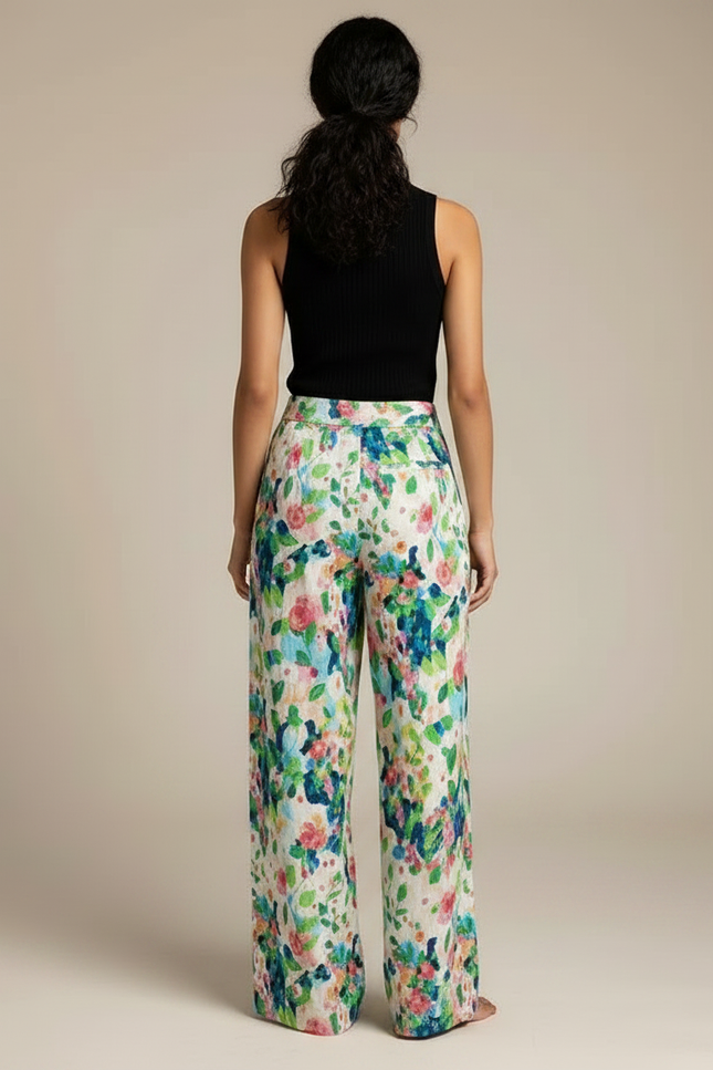 Pantalon Fluide Imprimé Floral Ample Multicolore Estival - Lin - vue 2