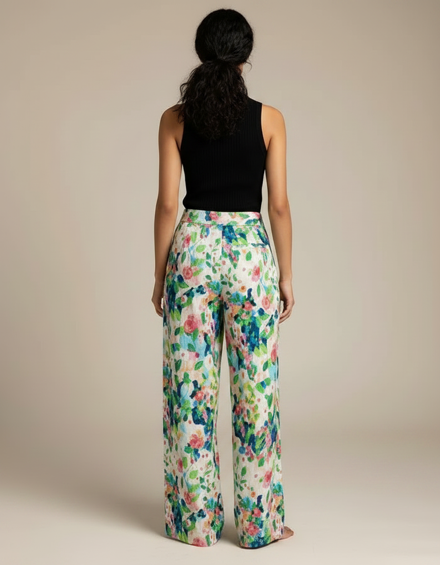 Pantalon Fluide Imprimé Floral Ample Multicolore Estival - Lin - vue 2