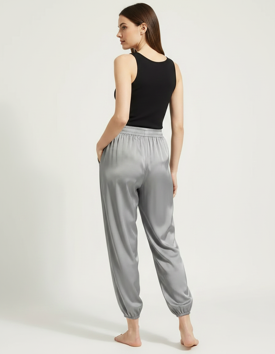 Pantalon Fluide Gris Satiné Ample Décontracté Cheville - vue 2