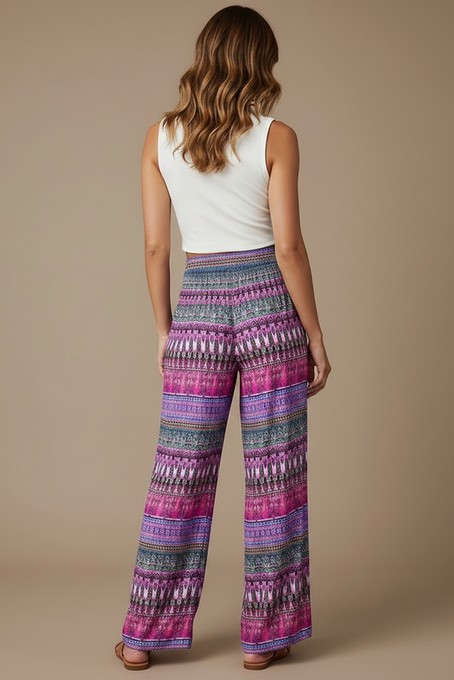 Pantalon Fluide Imprimé Ethnique Ample Rose Cordon - Viscose - vue 2