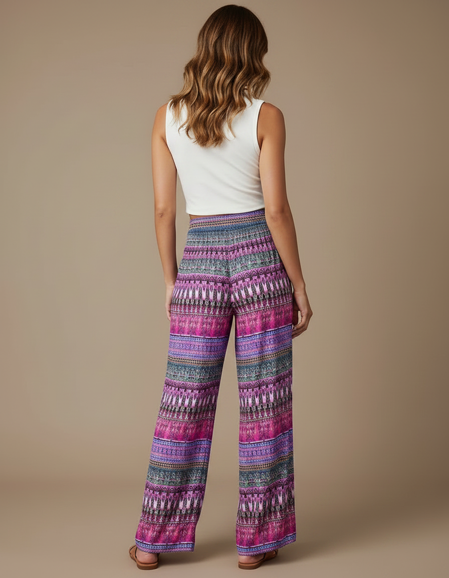 Pantalon Fluide Imprimé Ethnique Ample Rose Cordon - Viscose - vue 2