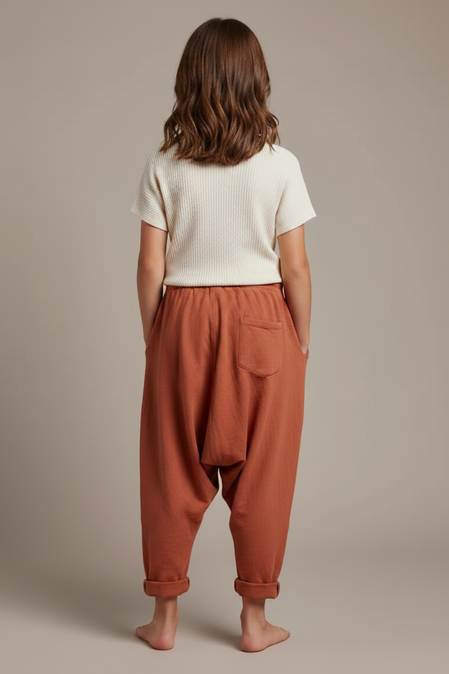 Pantalon Fluide Harem Coton Ample Confortable Terre Cuite - Orange - vue 2