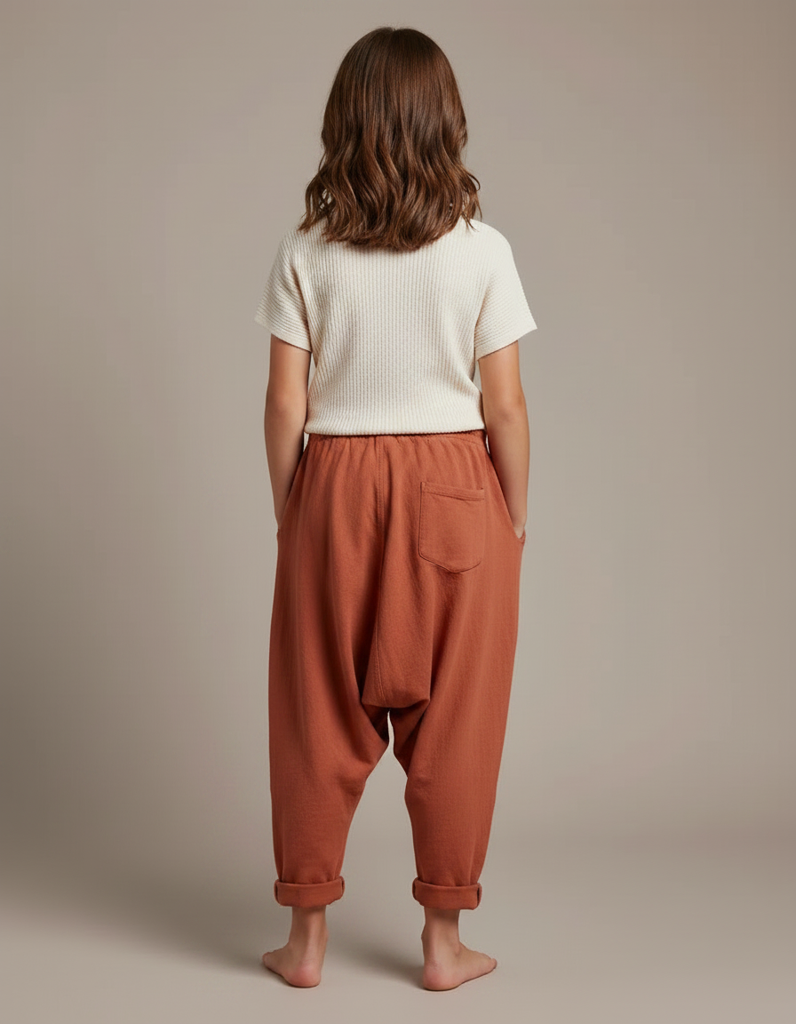 Pantalon Fluide Harem Coton Ample Confortable Terre Cuite - Orange - vue 2