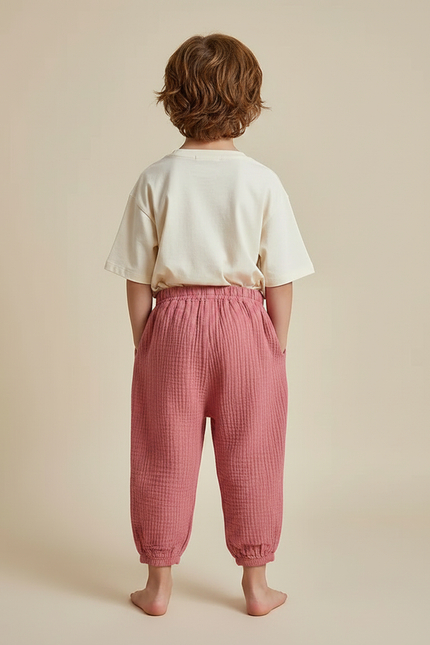 Pantalon Fluide Rose Coton Gaufré Ample Enfant - vue 2