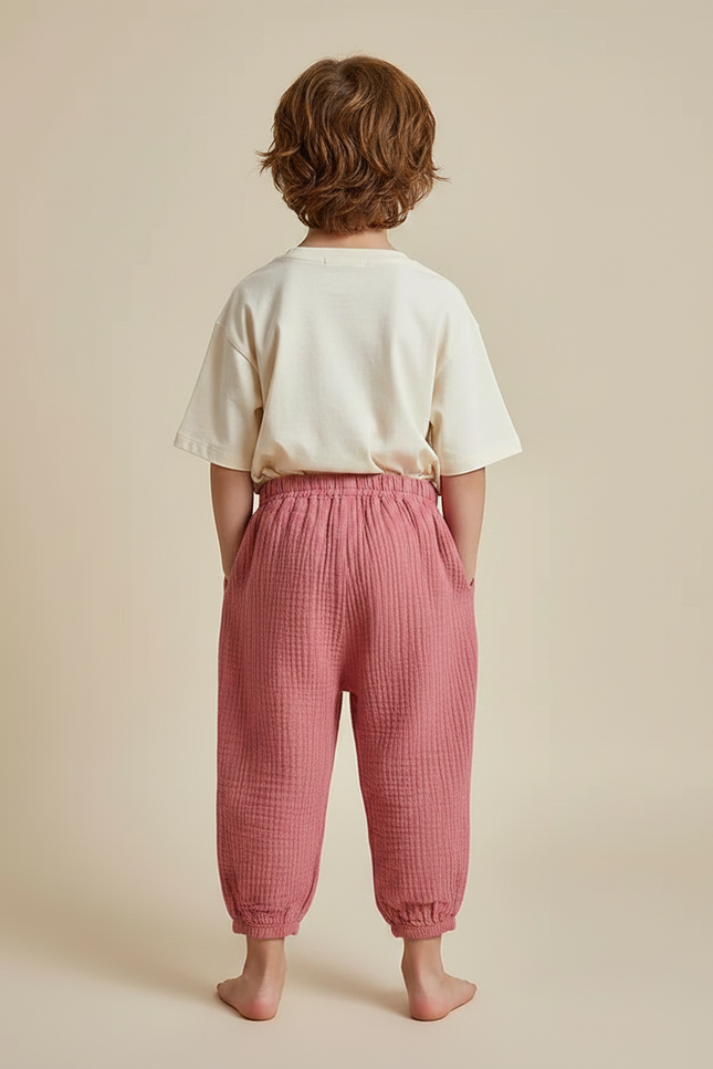 Pantalon Fluide Rose Coton Gaufré Ample Enfant - vue 2