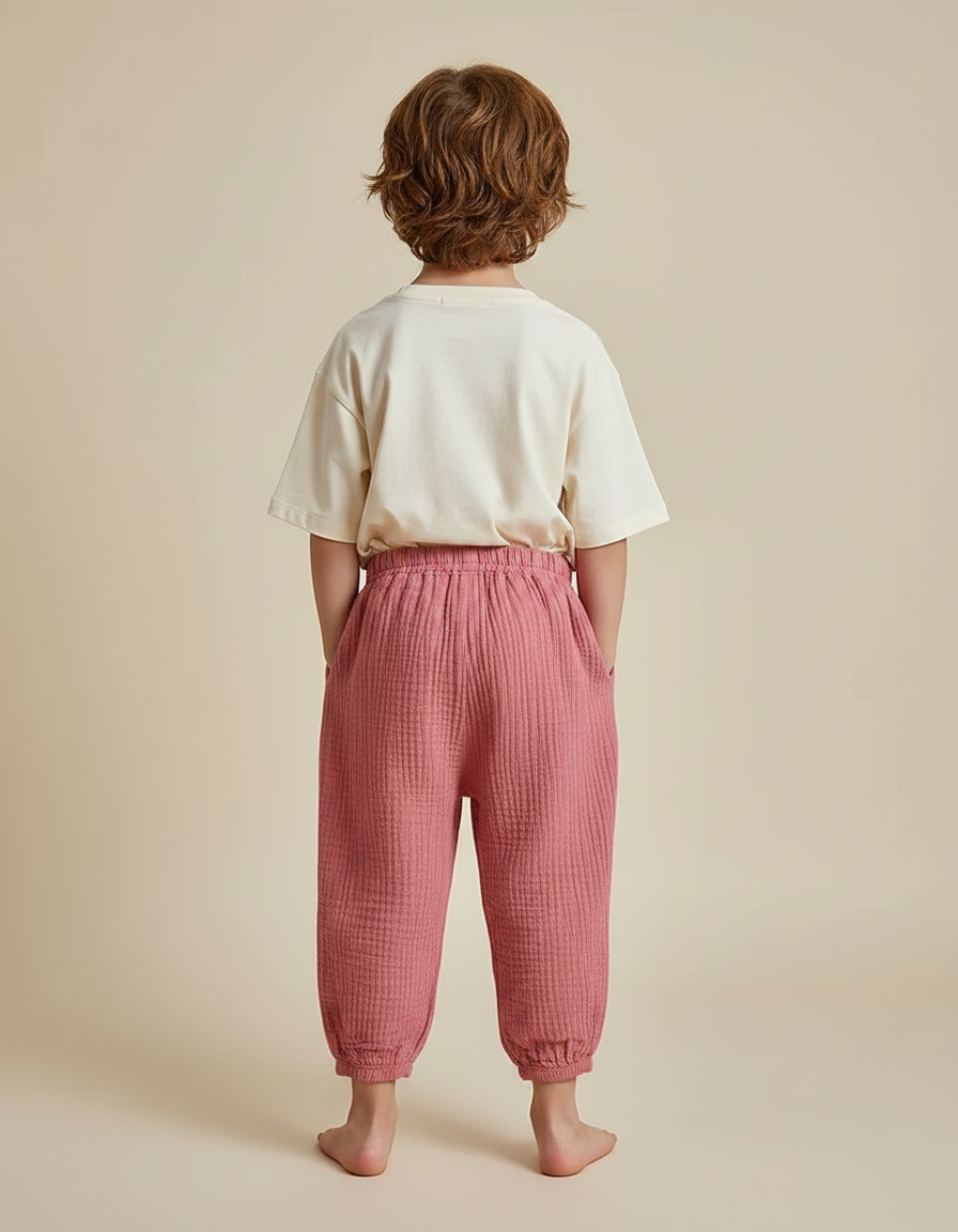 Pantalon Fluide Rose Coton Gaufré Ample Enfant - vue 2