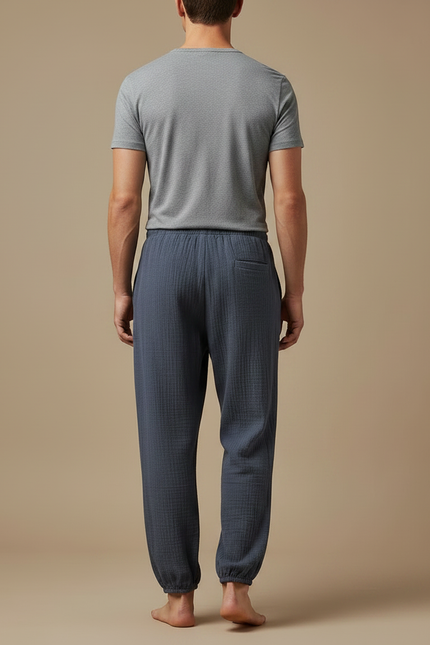 Pantalon Fluide Homme Gris Coton Texturé Décontracté - Bleu - vue 2