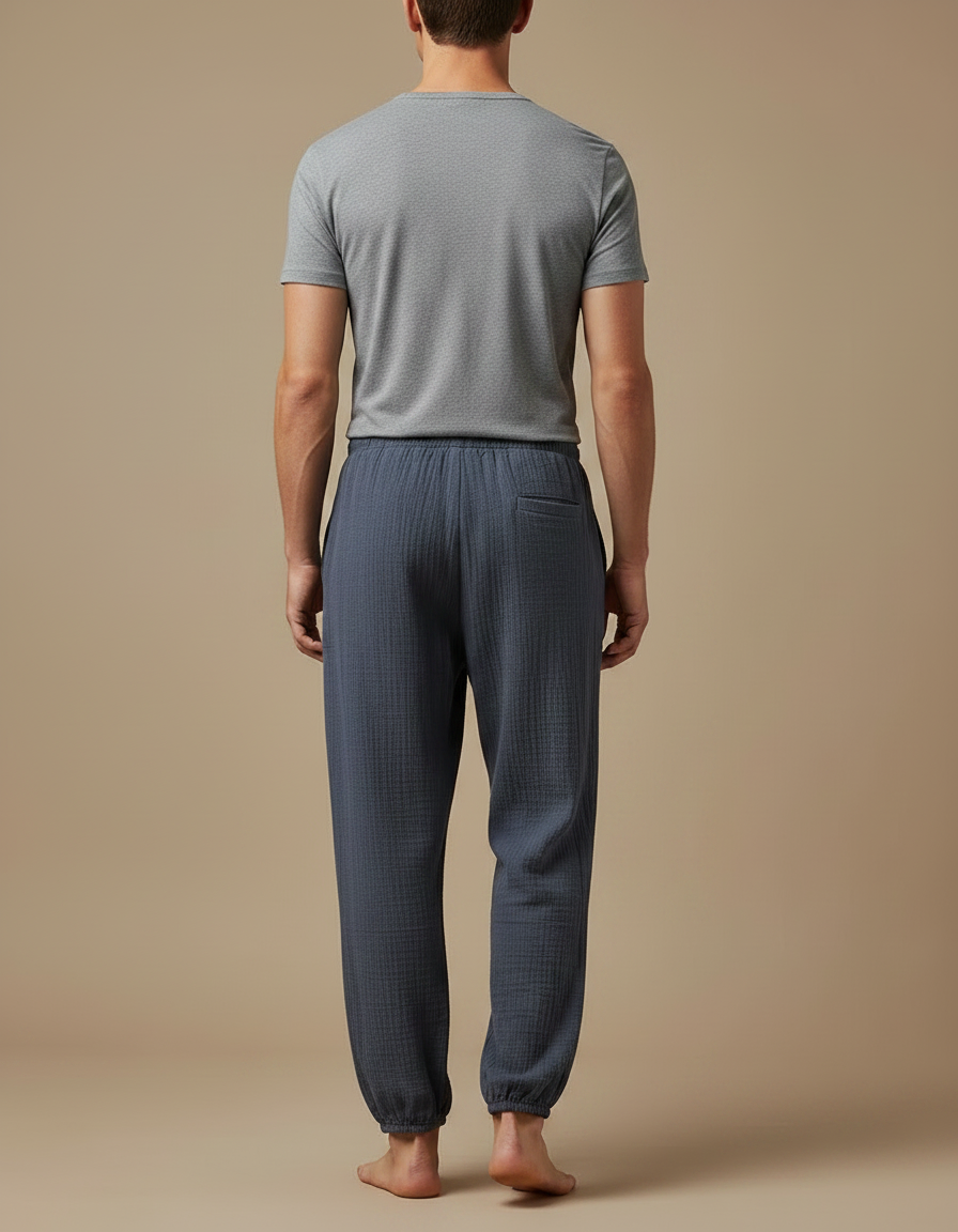 Pantalon Fluide Homme Gris Coton Texturé Décontracté - Bleu - vue 2