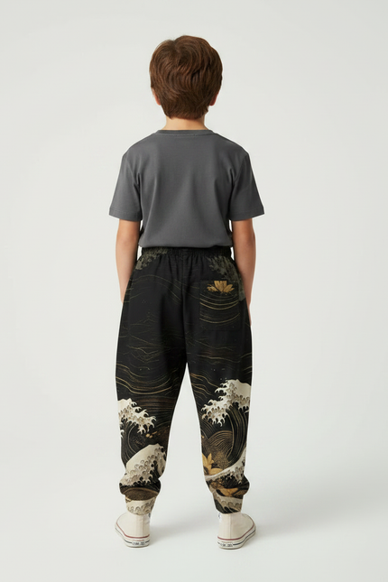 Pantalon Fluide Noir Ample Imprimé Vagues Japonaises - Viscose - vue 2