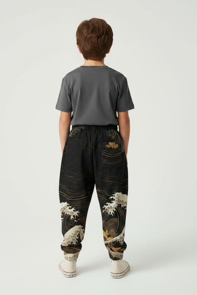 Pantalon Fluide Noir Ample Imprimé Vagues Japonaises - Viscose - vue 2