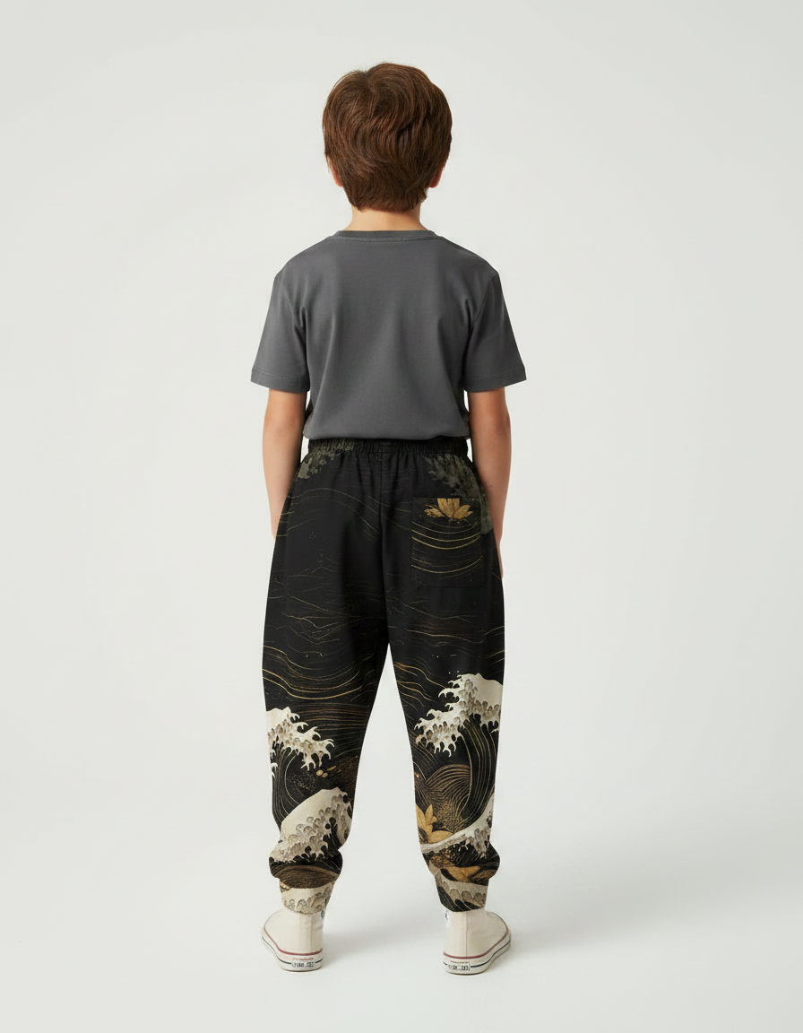 Pantalon Fluide Noir Ample Imprimé Vagues Japonaises - Viscose - vue 2