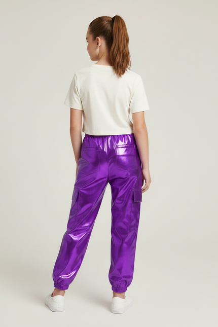 Pantalon Fluide Violet Métallisé Cargo Brillant Fille - Polyester - vue 2
