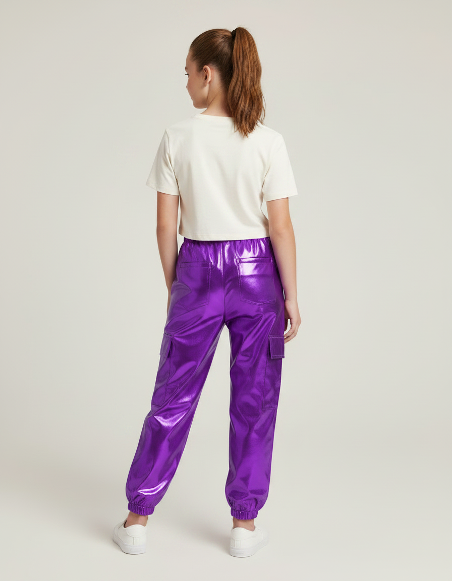 Pantalon Fluide Violet Métallisé Cargo Brillant Fille - Polyester - vue 2