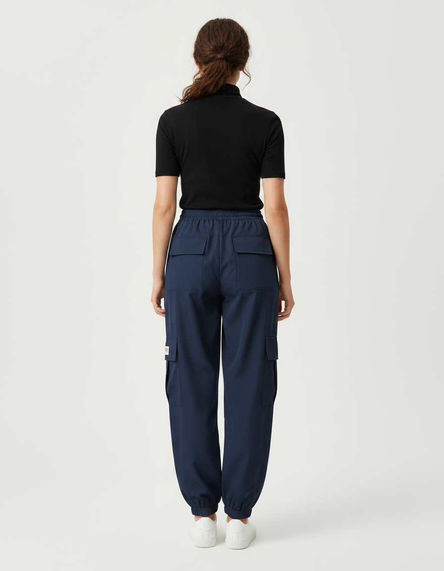Pantalon Fluide Cargo Bleu Marine Ample Cordon - Polyester - vue 2