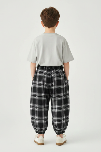Pantalon Fluide Carreaux Noir Blanc Ample Décontracté Enfant - Imprimé Molleton - vue 2