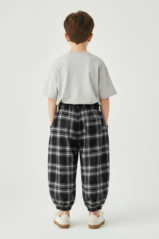 Pantalon Fluide Carreaux Noir Blanc Ample Décontracté Enfant - Imprimé Molleton - vue 2