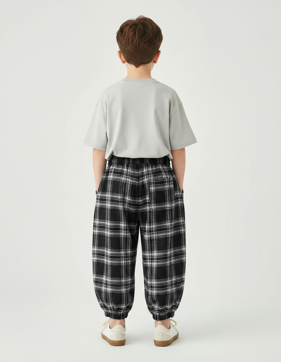 Pantalon Fluide Carreaux Noir Blanc Ample Décontracté Enfant - Imprimé Molleton - vue 2
