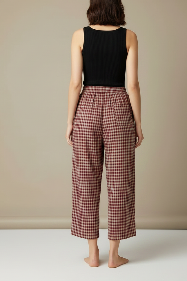 Pantalon Fluide Carreaux Rouges Ample Coton Confortable - vue 2